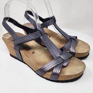 Mephisto Liviane Wedge Sandals Women EU40/US10 Pewter Woven Leather Cork Footbed